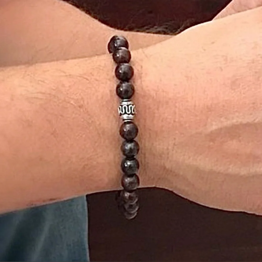Men's Burgundy Jasper Gemstone Bracelet with Sterling Silver Accent - 8mm Beads